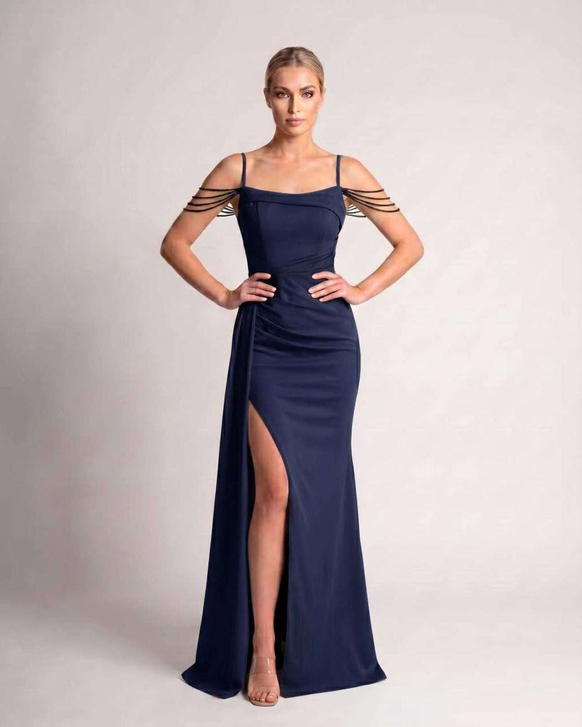 Celestia Maxi Dress by Lauven — navy polyester spaghetti strap mermaid maxi dress with beading and split