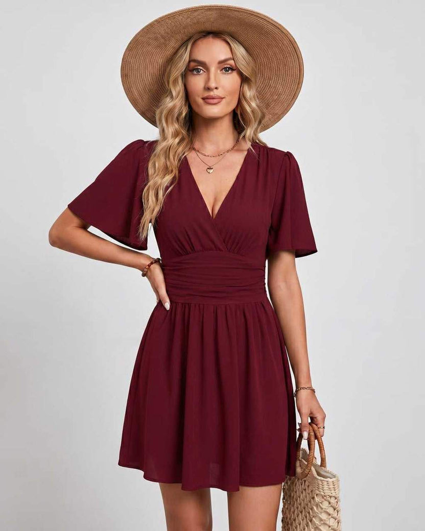 Calista Mini Dress by Lauven — red chiffon ruffled short sleeve V-neck A-line mini dress