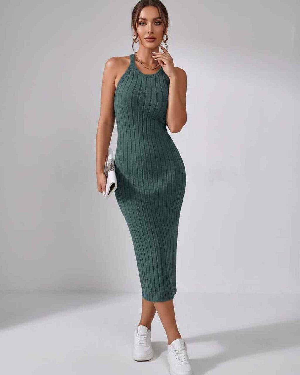 Lunara Midi Dress by Lauven — ribbed knit sleeveless crew neck slim-fit midi dress