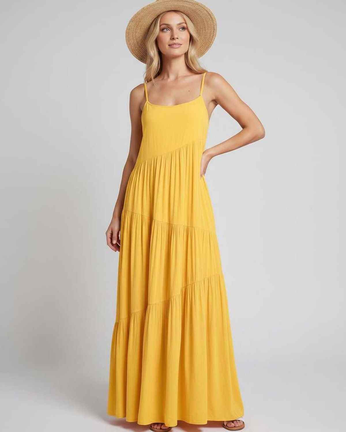 Solenne Maxi Dress by Lauven — rayon blend sleeveless scoop neck tiered A-line maxi dress