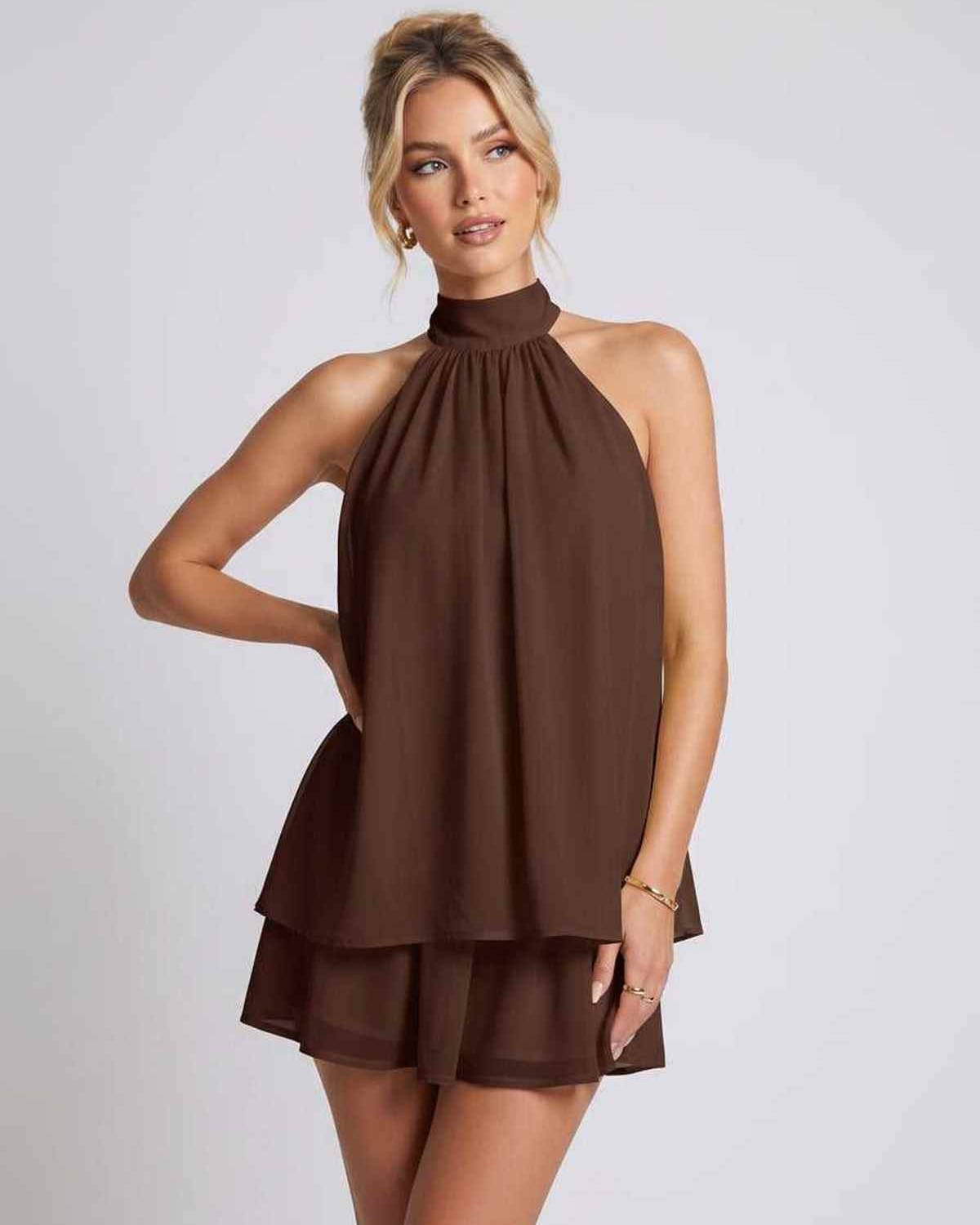 Celestia Mini Dress by Lauven — chiffon sleeveless halter neck mini dress