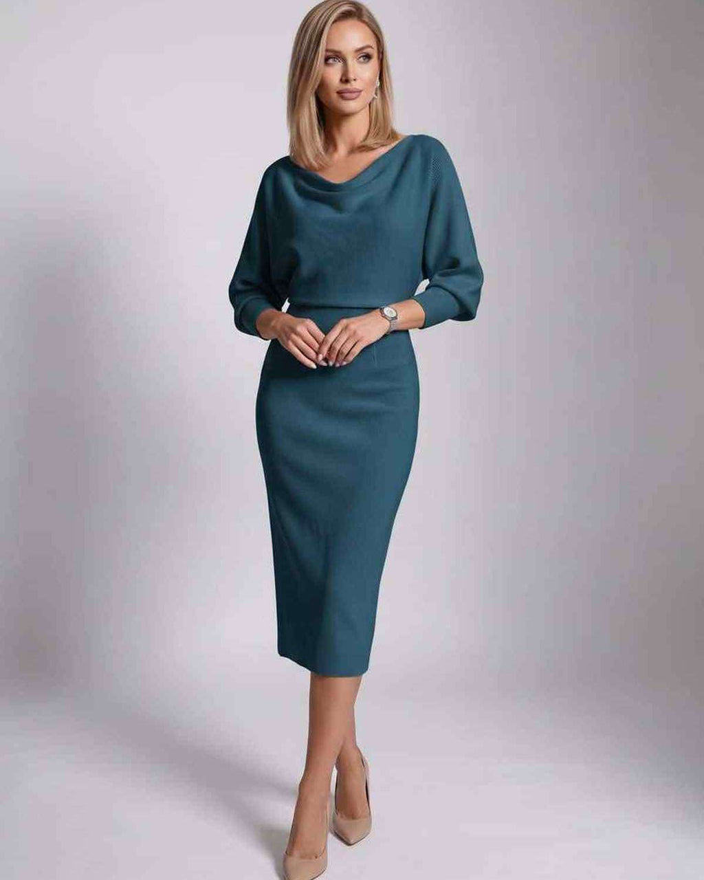 Serene Midi Dress by Lauven — knit batwing sleeve cowl neck fitted midi dress