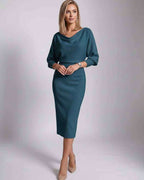 Serene Midi Dress by Lauven — knit batwing sleeve cowl neck fitted midi dress