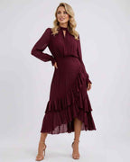 Celestia Maxi Dress by Lauven — chiffon long sleeve high neck A-line maxi dress