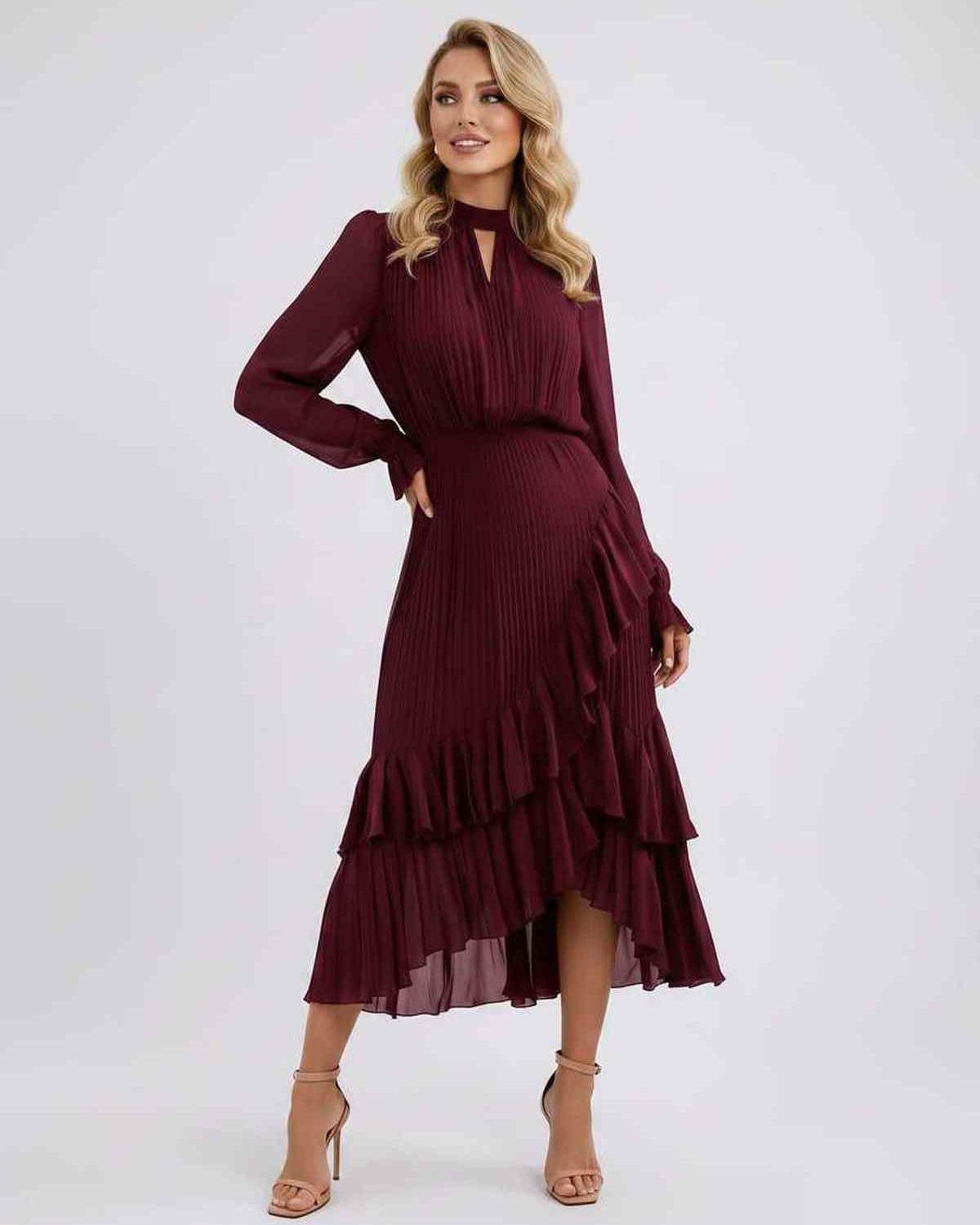 Celestia Maxi Dress by Lauven — chiffon long sleeve high neck A-line maxi dress