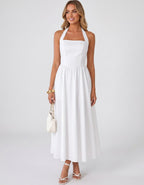 Veloura Midi Dress by Lauven — satin blend sleeveless square neck A-line midi dress