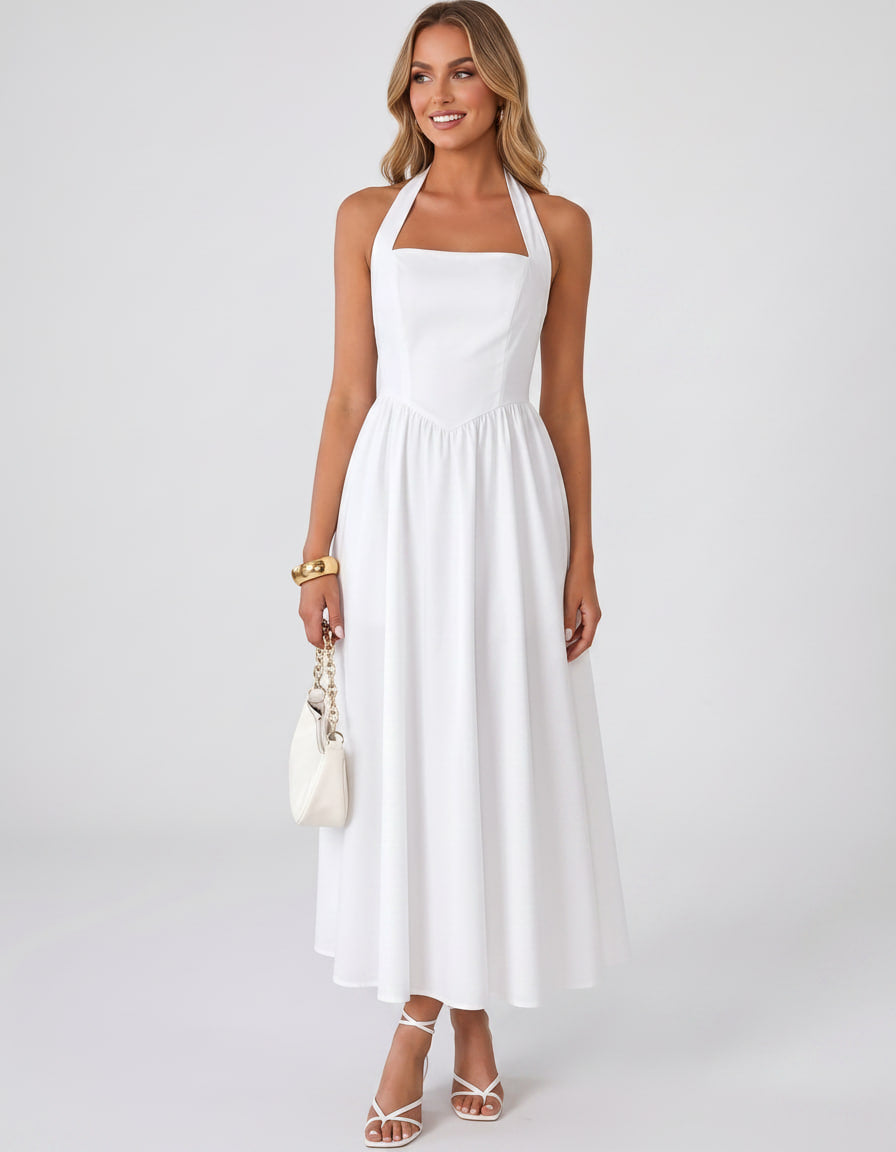 Veloura Midi Dress by Lauven — satin blend sleeveless square neck A-line midi dress