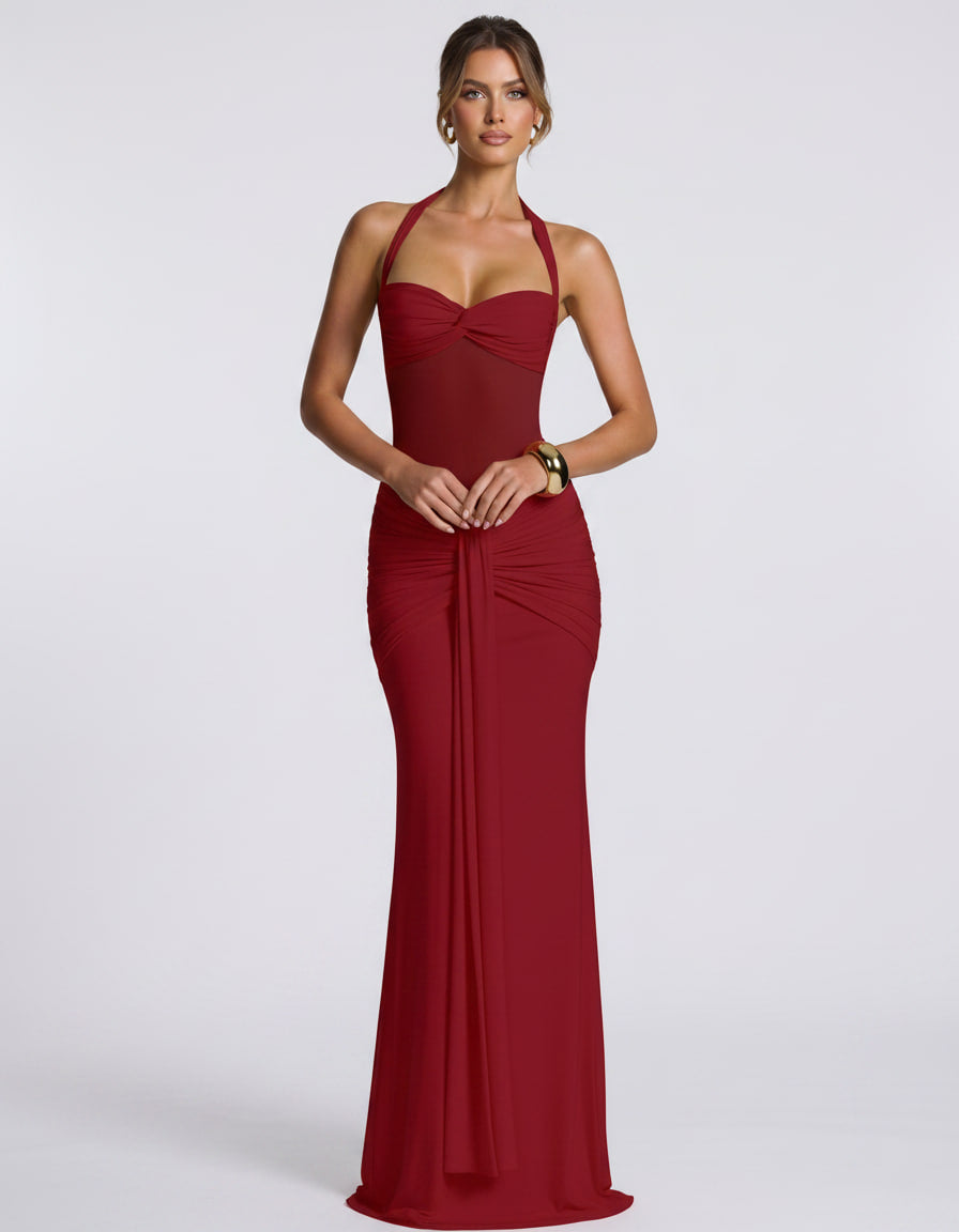 Solvane Maxi Dress by Lauven — stretch mesh sleeveless halter neck slim fit maxi dress