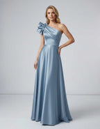 Aurevina Maxi Dress by Lauven — satin one shoulder A-line maxi dress with ruffle detail