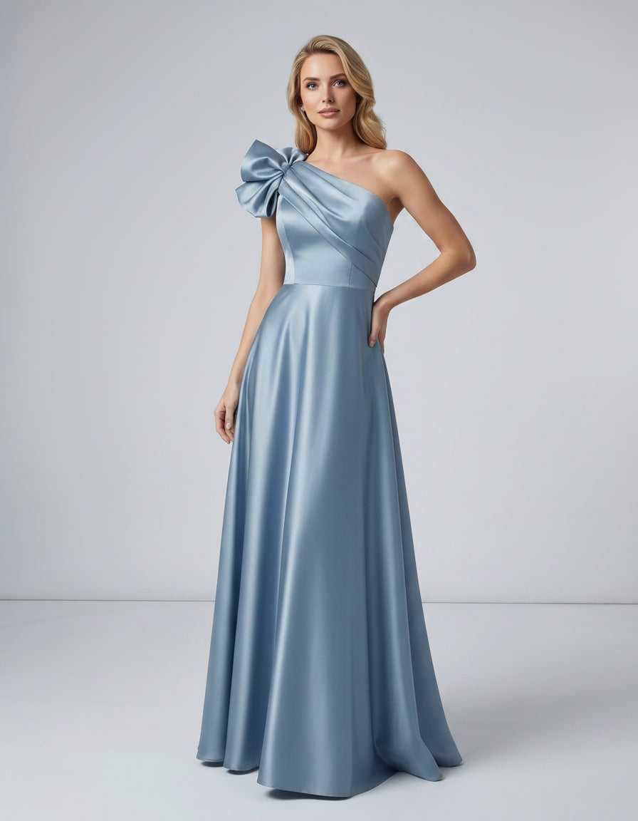 Aurevina Maxi Dress by Lauven — satin one shoulder A-line maxi dress with ruffle detail