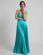 Veloura Maxi Dress by Lauven — satin spaghetti strap V-neck A-line maxi dress