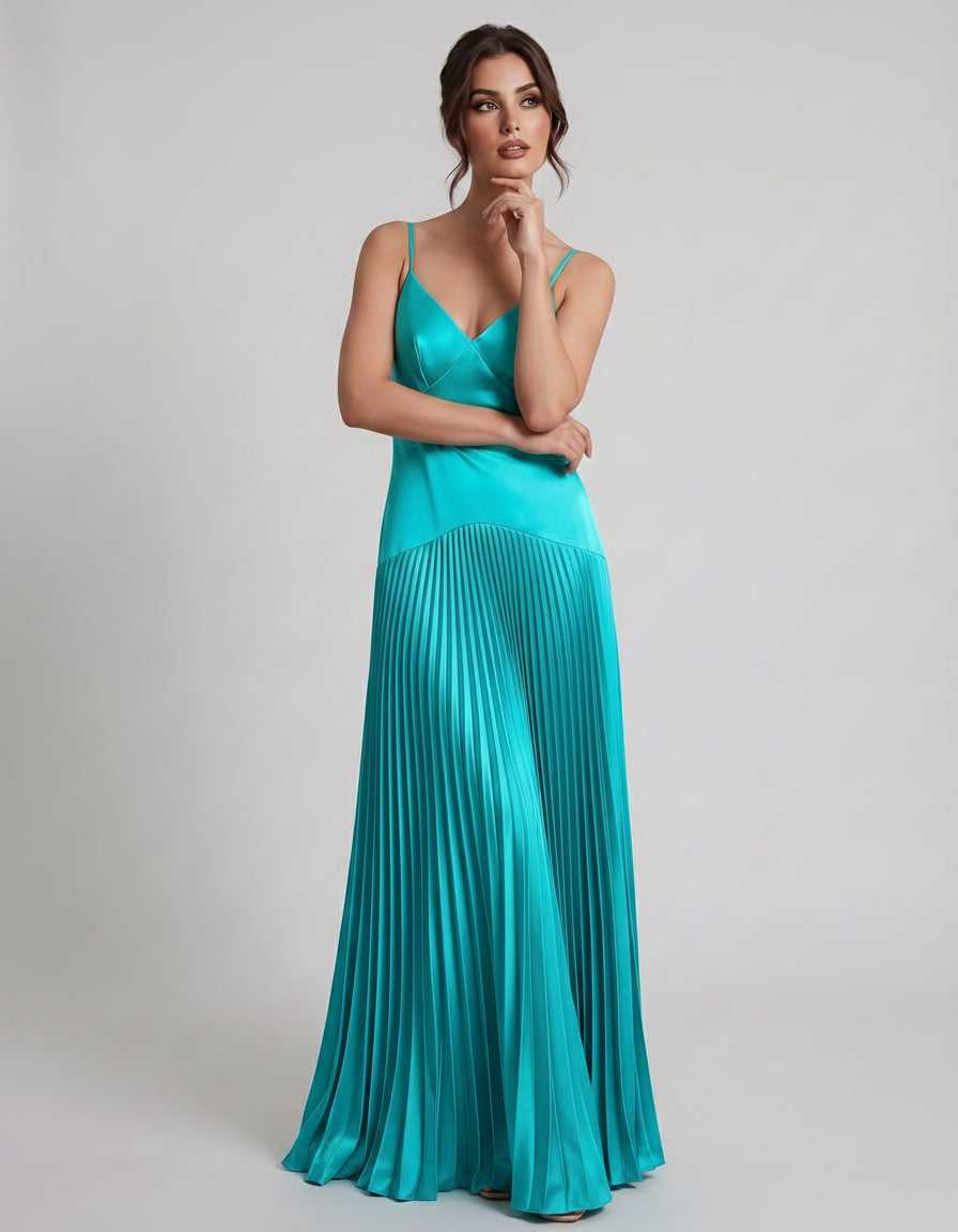 Veloura Maxi Dress by Lauven — satin spaghetti strap V-neck A-line maxi dress