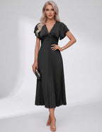 Veloura Midi Dress by Lauven — pleated chiffon flutter sleeve V-neck A-line midi dress