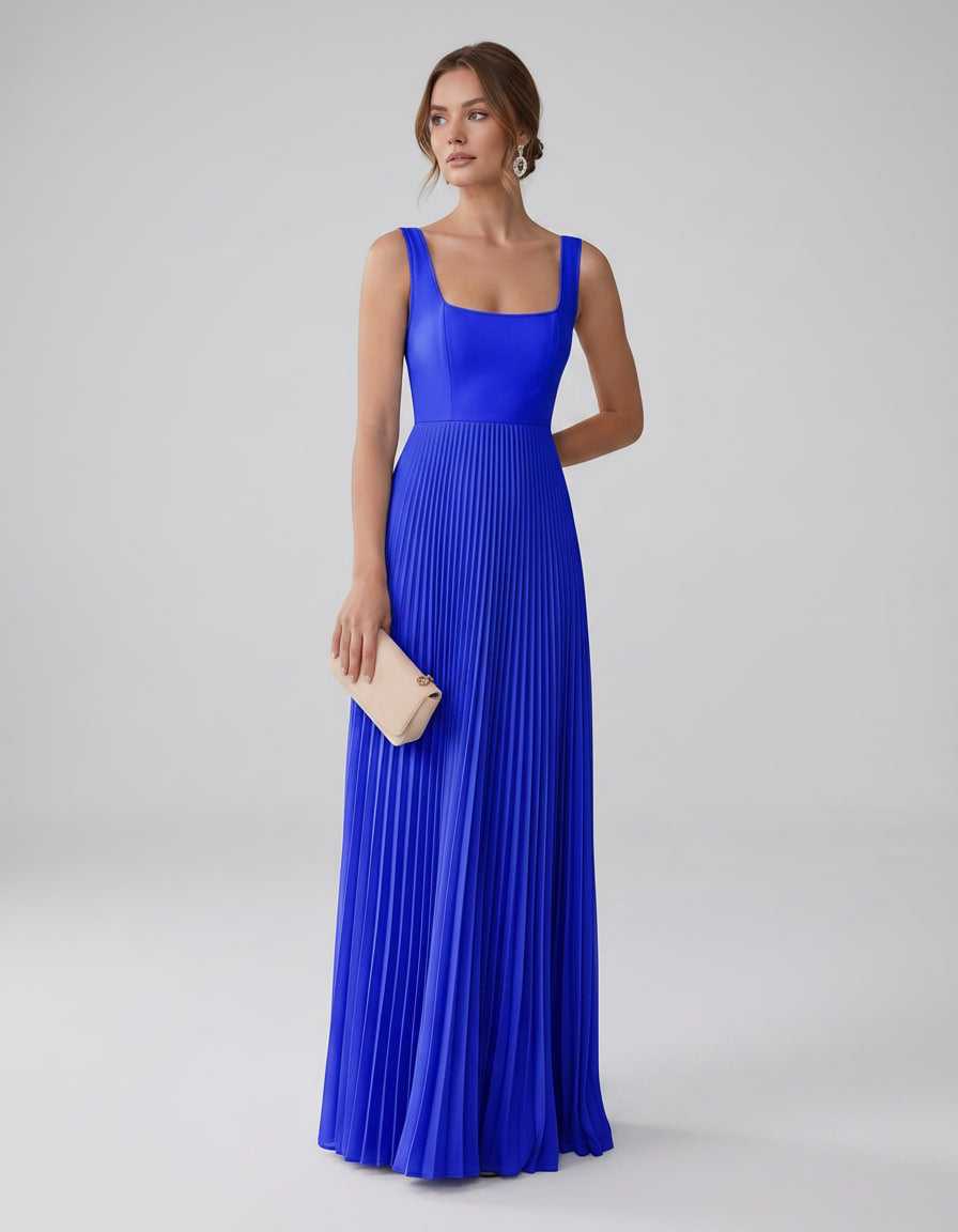 Veloura Maxi Dress by Lauven — satin chiffon sleeveless square neck pleated A-line maxi dress