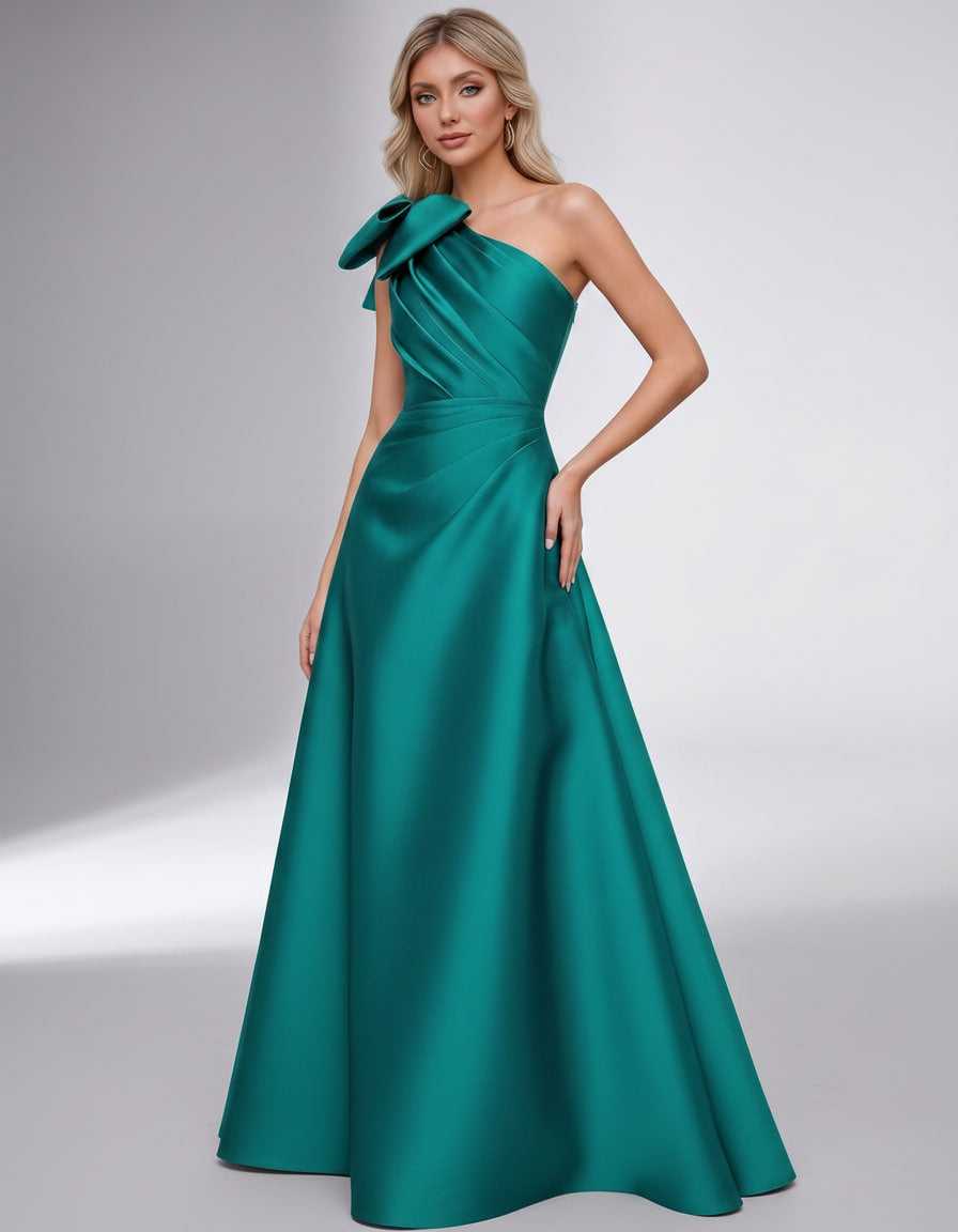 Celestia Maxi Dress by Lauven — satin one shoulder A-line maxi dress with bow