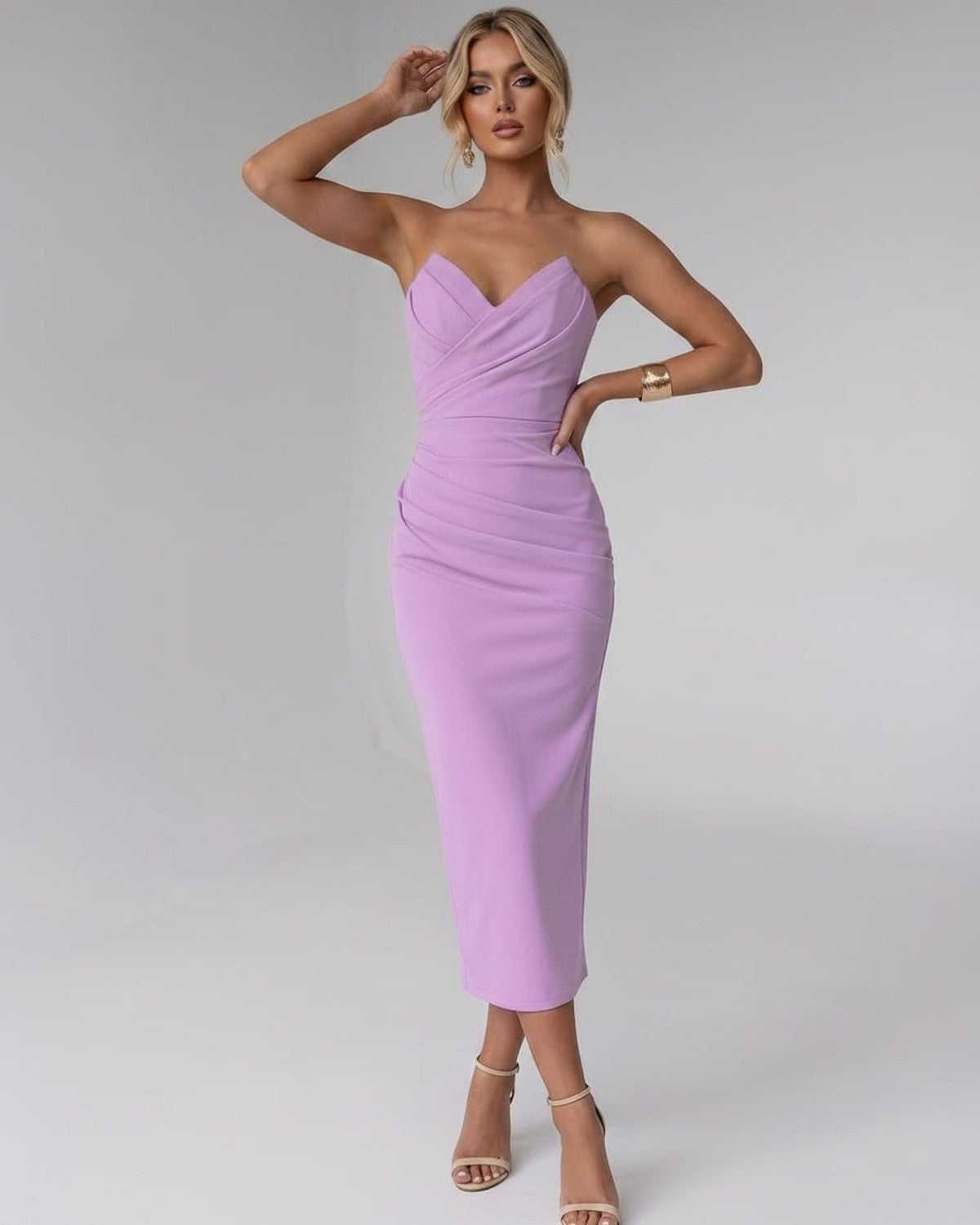 Serelle Midi Dress by Lauven — smooth stretch strapless sweetheart neck fitted midi dress