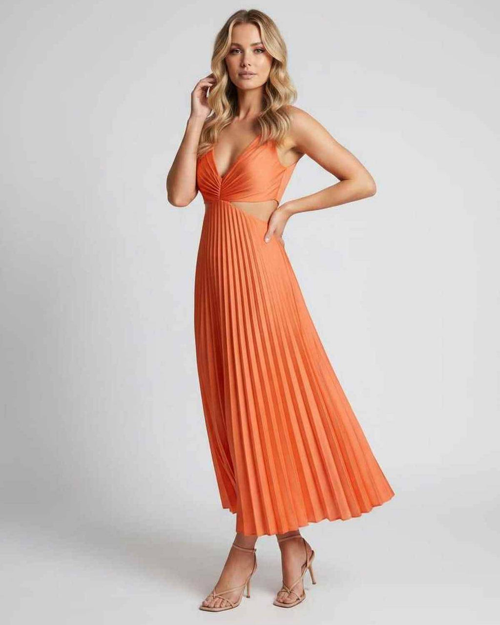 Lunara Midi Dress by Lauven — satin sleeveless V-neck flowing pleated midi dress