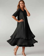 Aurelia Midi Dress by Lauven — lightweight short sleeve round neck layered midi dress