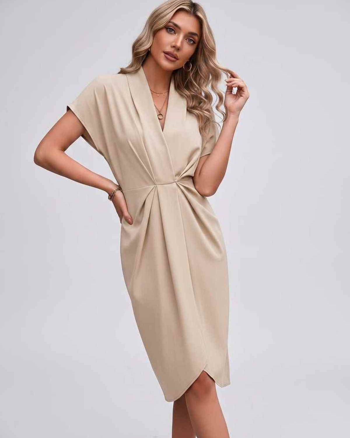 Veloura Midi Dress by Lauven — satin cap sleeve V-neck draped midi dress