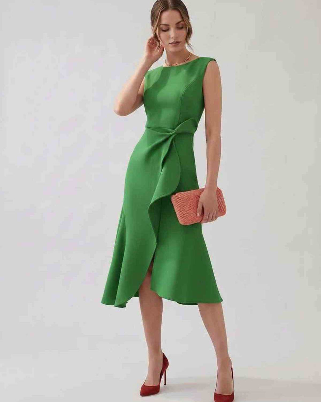 Serelune Midi Dress by Lauven — sleeveless satin midi dress with ruffle detail and fit flare silhouette
