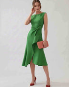 Serelune Midi Dress by Lauven — sleeveless satin midi dress with ruffle detail and fit flare silhouette