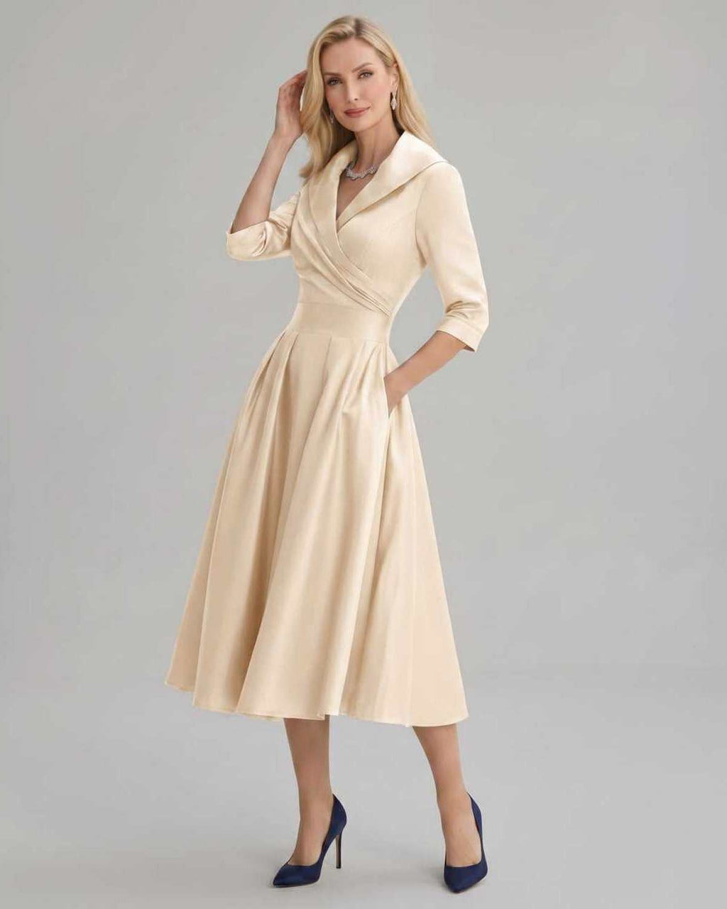 Serelune Midi Dress by Lauven — satin blend 3/4 sleeve V-neck A-line midi dress