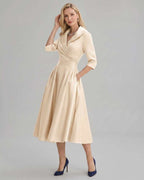 Serelune Midi Dress by Lauven — satin blend 3/4 sleeve V-neck A-line midi dress