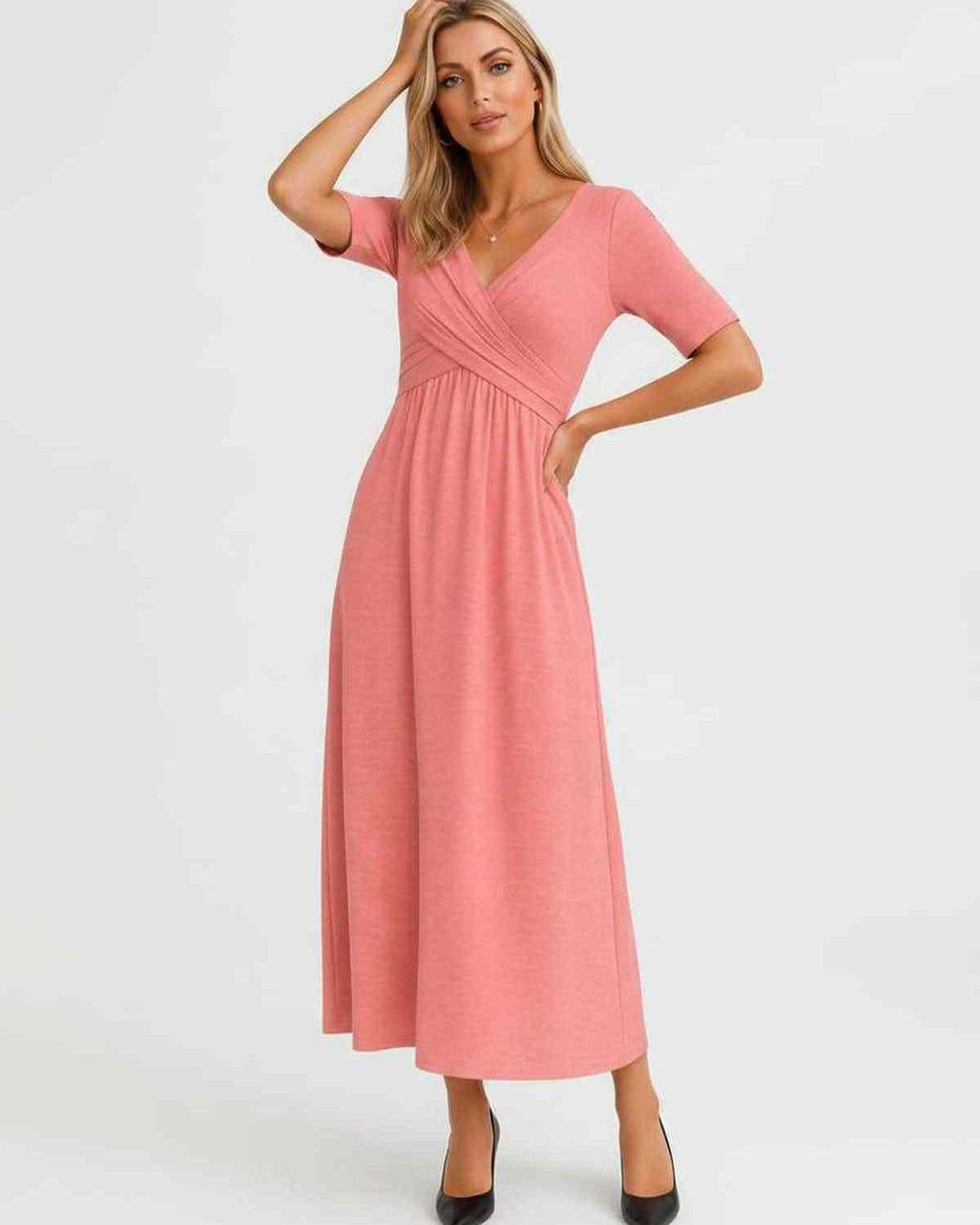 Velmira Midi Dress by Lauven — soft stretch short sleeve V-neck A-line midi dress