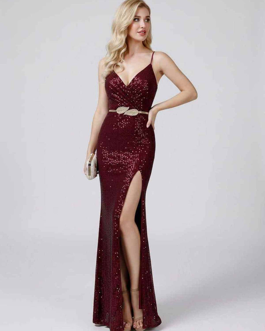 Celeste Maxi Dress by Lauven — sequin sleeveless V-neck mermaid maxi dress with spaghetti straps and front slit