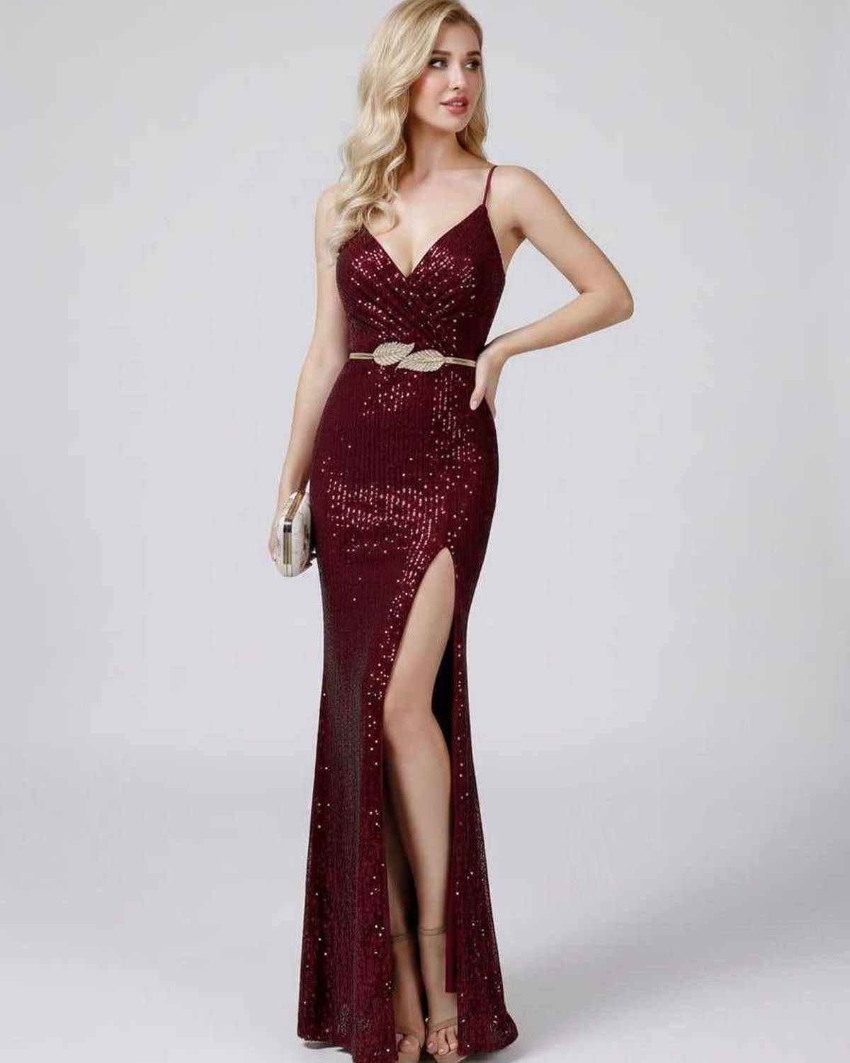 Celeste Maxi Dress by Lauven — sequin sleeveless V-neck mermaid maxi dress with spaghetti straps and front slit