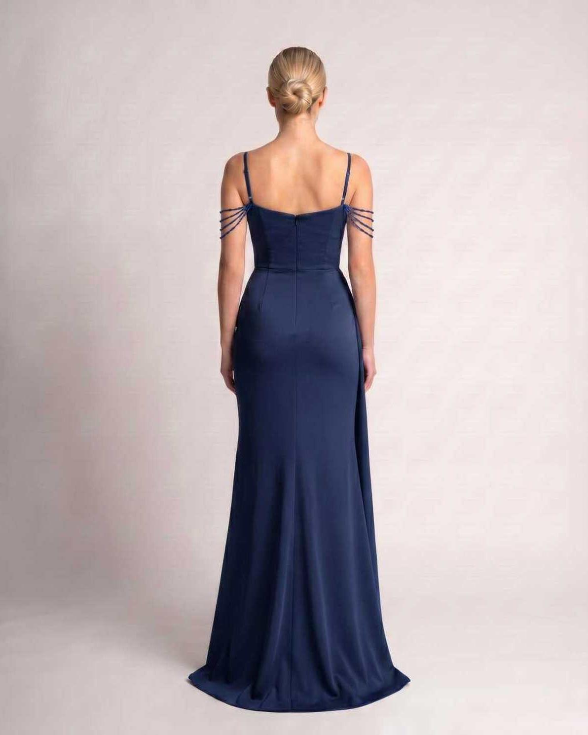 Celestia Maxi Dress by Lauven — polyester spaghetti strap mermaid maxi dress with beading and split