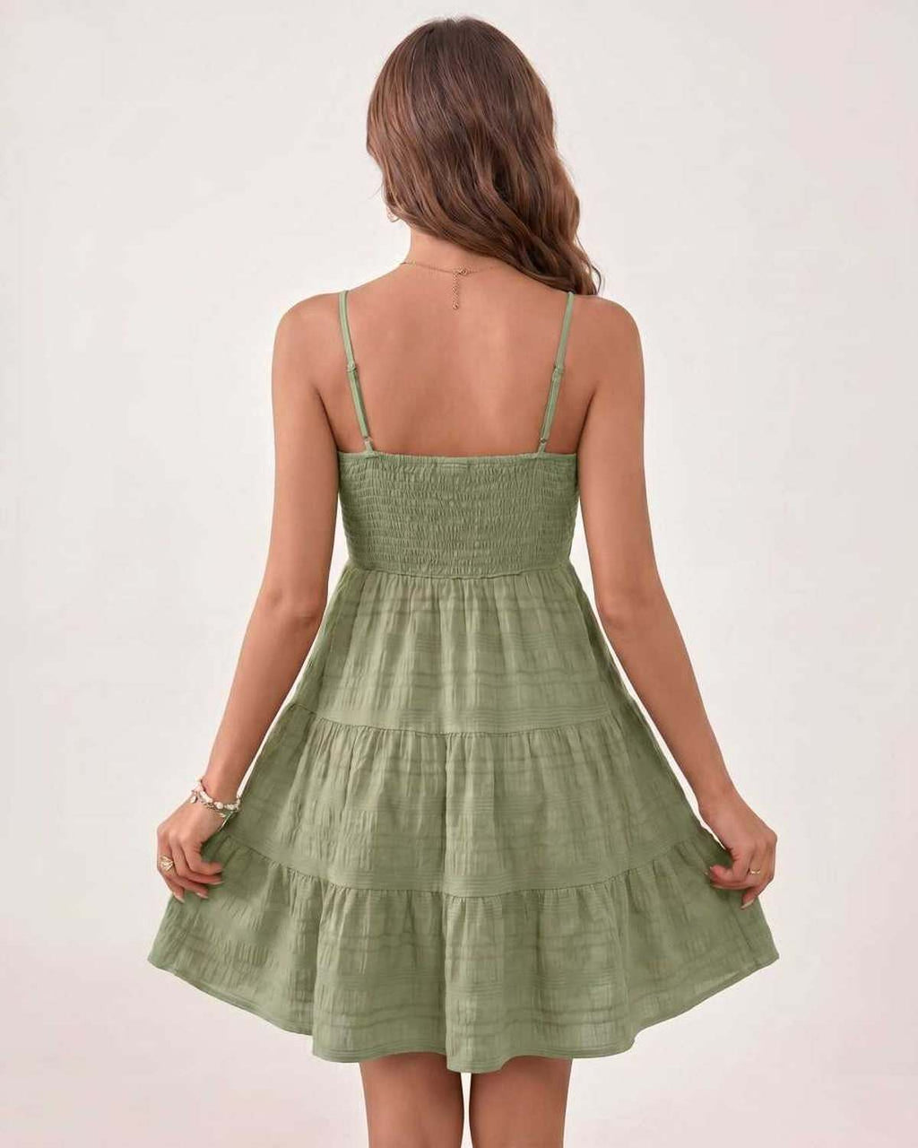 Solara Mini Dress by Lauven — textured sleeveless square neck tiered swing mini dress