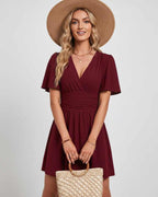 Calista Mini Dress by Lauven — chiffon ruffled short sleeve V-neck A-line mini dress