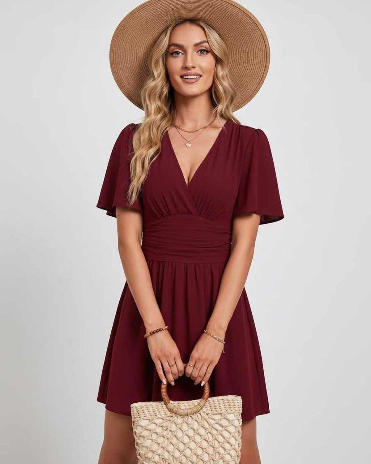 Calista Mini Dress by Lauven — chiffon ruffled short sleeve V-neck A-line mini dress