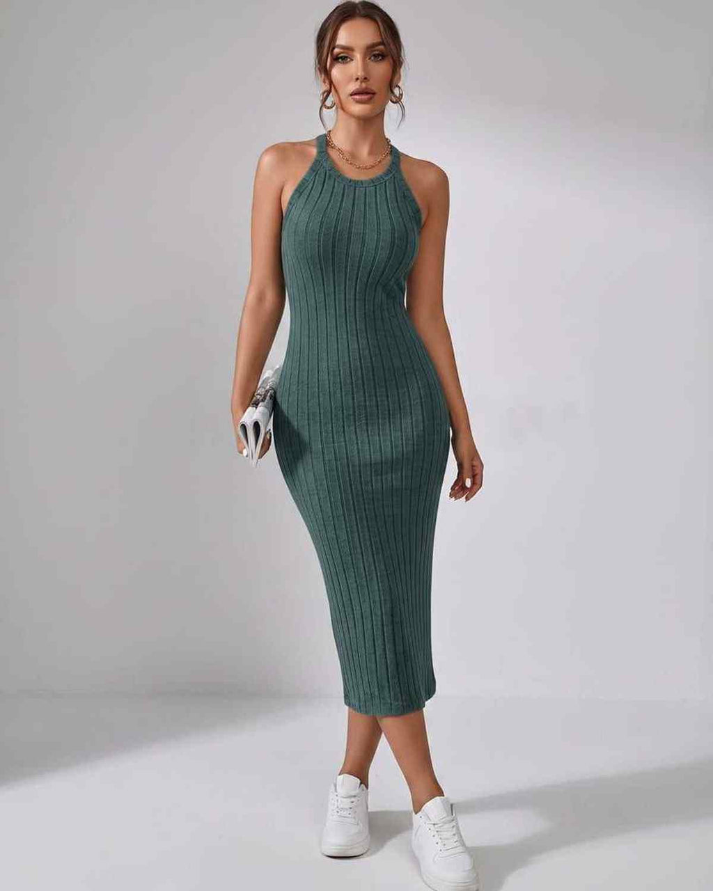 Lunara Midi Dress by Lauven — ribbed knit sleeveless crew neck slim-fit midi dress