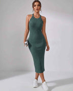 Lunara Midi Dress by Lauven — ribbed knit sleeveless crew neck slim-fit midi dress