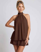 Celestia Mini Dress by Lauven — chiffon sleeveless halter neck mini dress