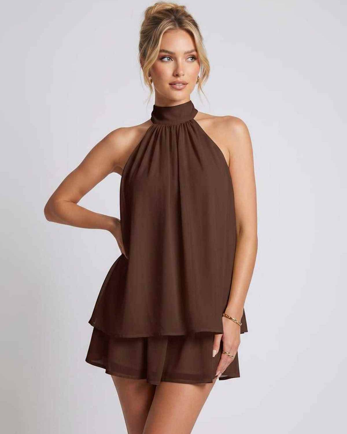 Celestia Mini Dress by Lauven — chiffon sleeveless halter neck mini dress