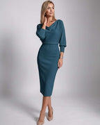 Serene Midi Dress by Lauven — knit batwing sleeve cowl neck fitted midi dress