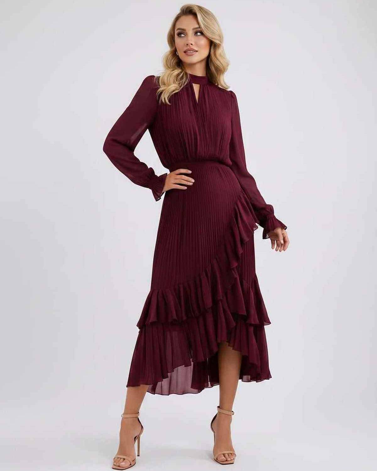 Celestia Maxi Dress by Lauven — chiffon long sleeve high neck A-line maxi dress
