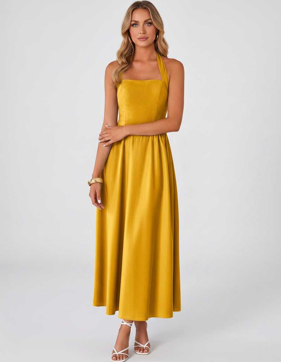 Veloura Midi Dress by Lauven — satin blend sleeveless square neck A-line midi dress