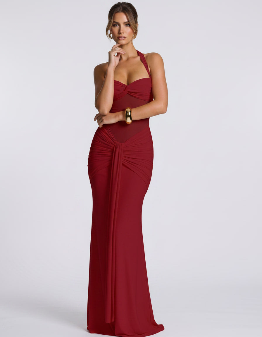 Solvane Maxi Dress by Lauven — stretch mesh sleeveless halter neck slim fit maxi dress
