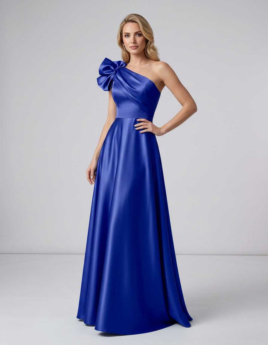 Aurevina Maxi Dress by Lauven — satin one shoulder A-line maxi dress with ruffle detail