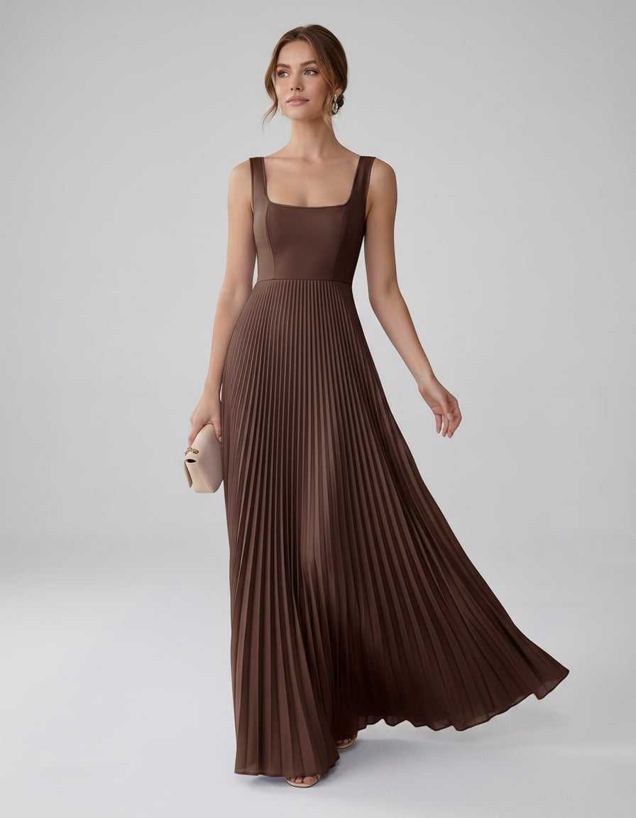 Veloura Maxi Dress by Lauven — satin chiffon sleeveless square neck pleated A-line maxi dress