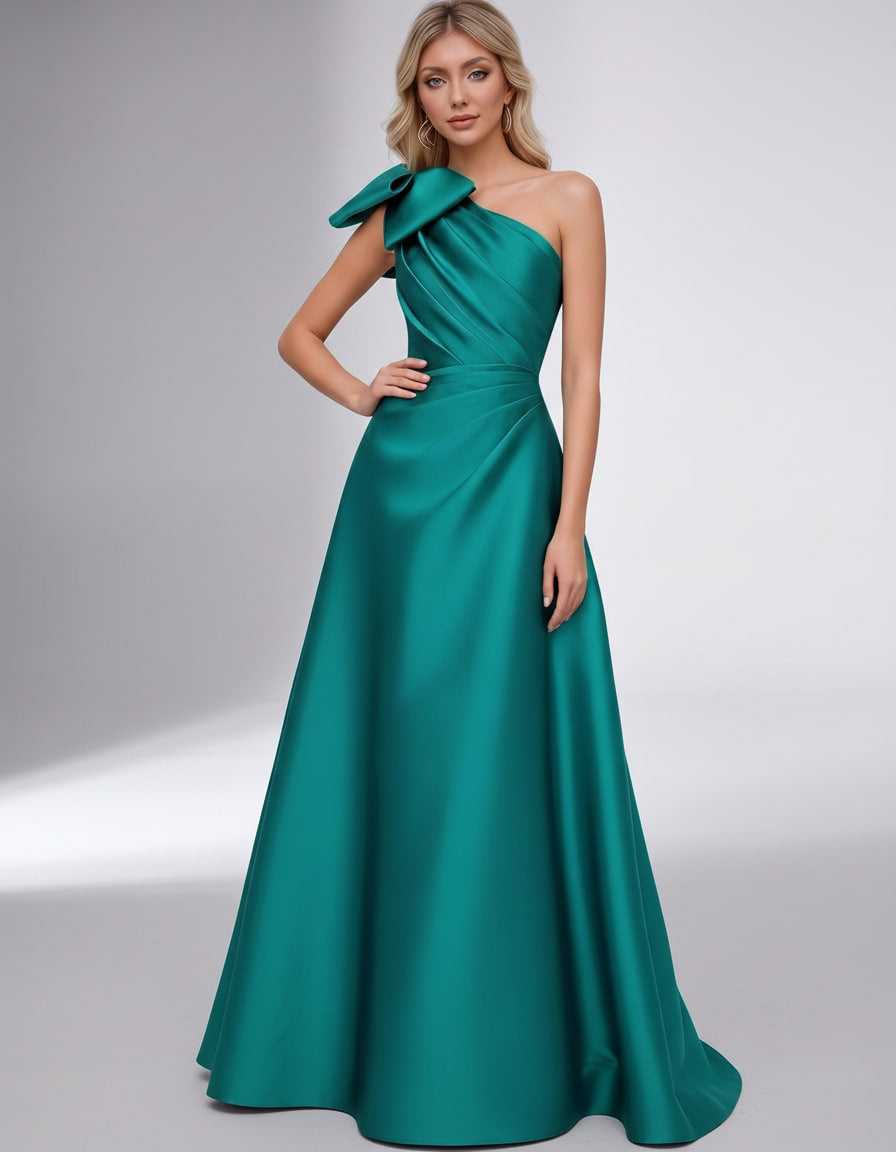 Celestia Maxi Dress by Lauven — satin one shoulder A-line maxi dress with bow