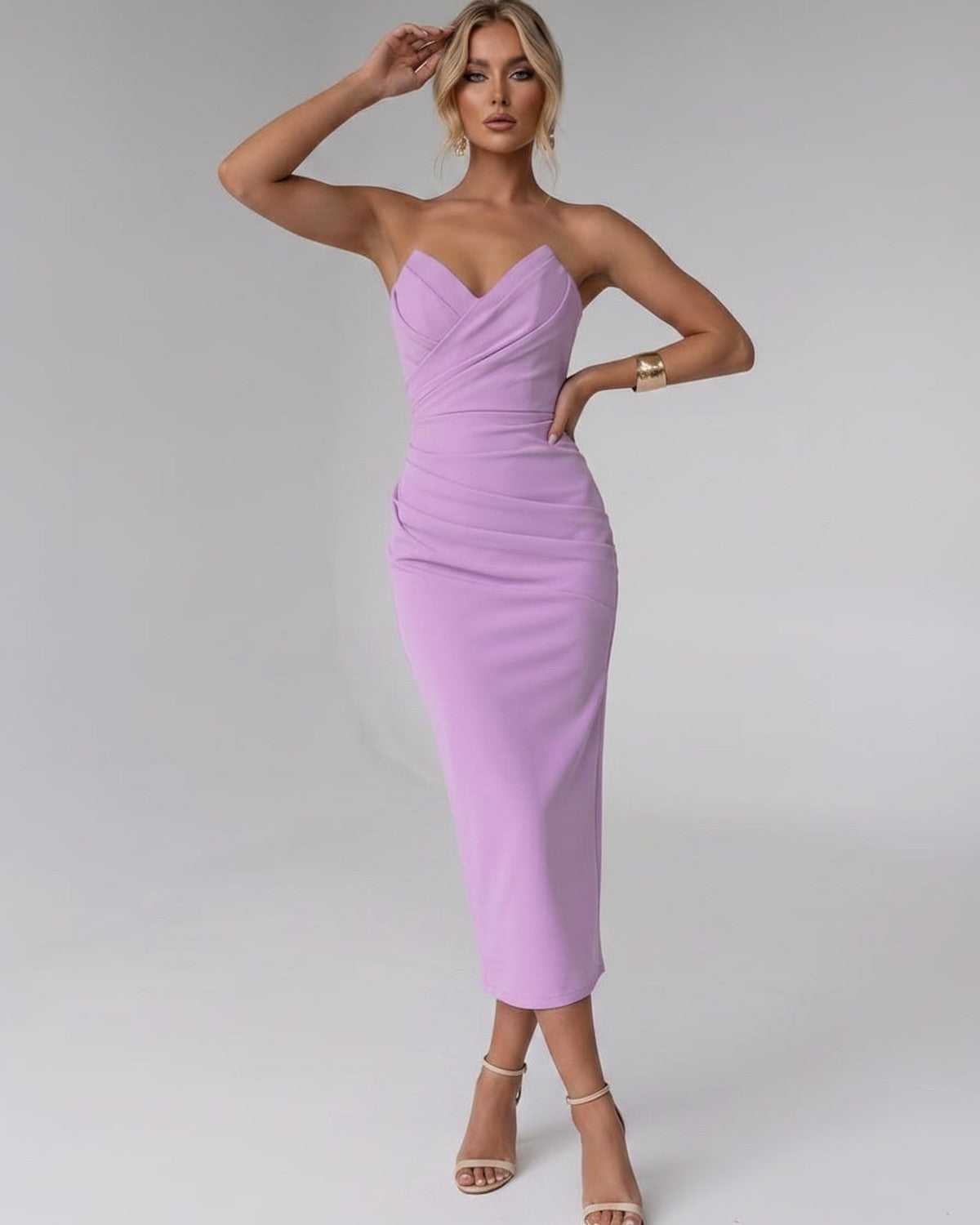 Serelle Midi Dress by Lauven — smooth stretch strapless sweetheart neck fitted midi dress