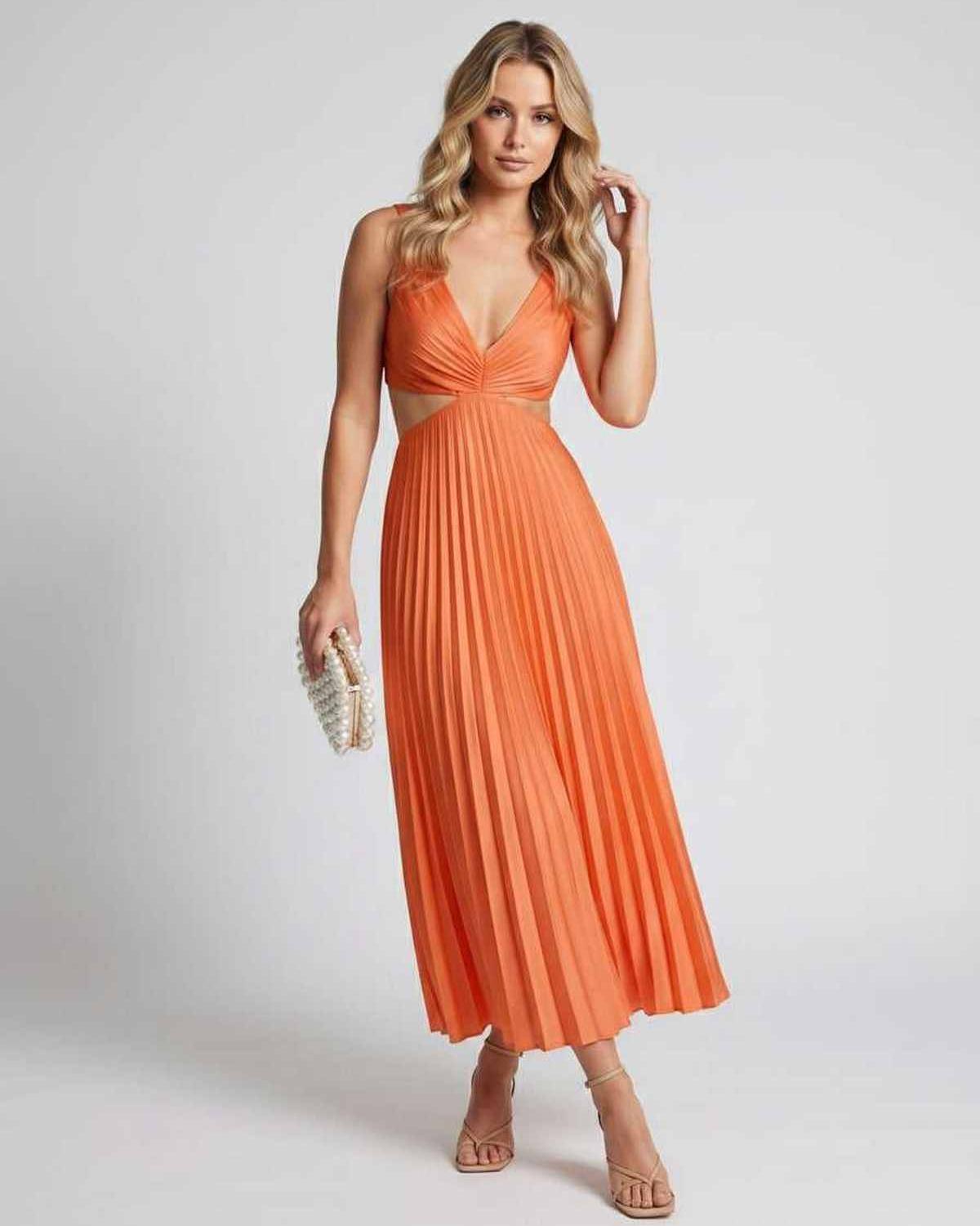 Lunara Midi Dress by Lauven — satin sleeveless V-neck flowing pleated midi dress