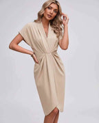 Veloura Midi Dress by Lauven — satin cap sleeve V-neck draped midi dress