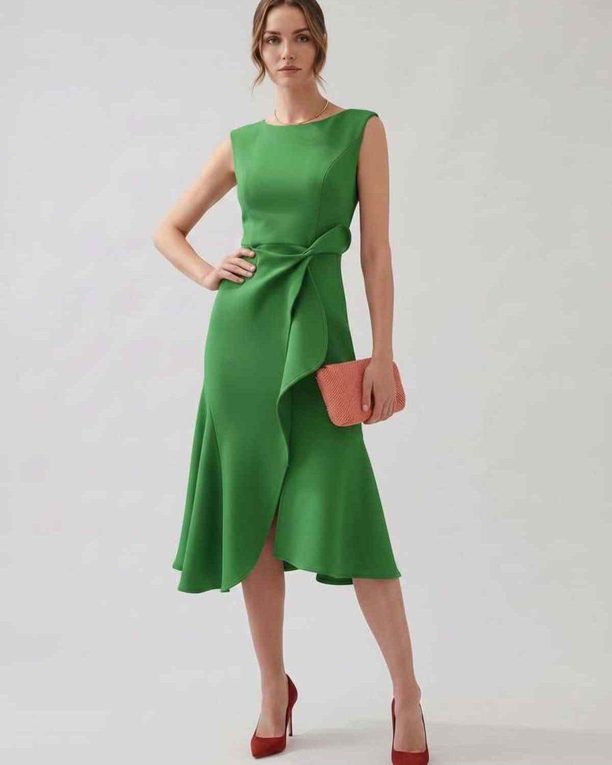 Serelune Midi Dress by Lauven — sleeveless satin midi dress with ruffle detail and fit flare silhouette