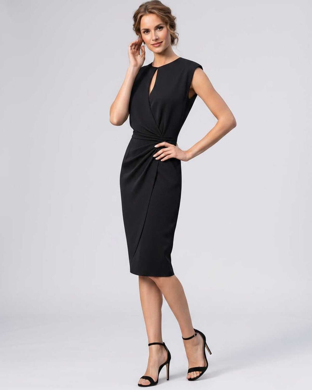 Velmira Midi Dress by Lauven — sleeveless keyhole wrap midi dress with ruched waist